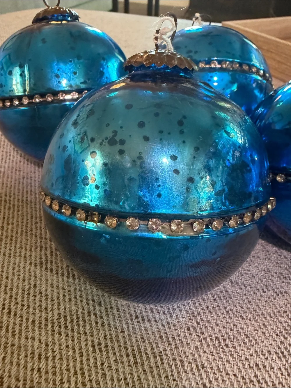 Vtg Blue mercury Glass Holiday Ornaments with Rhinestone Trim
